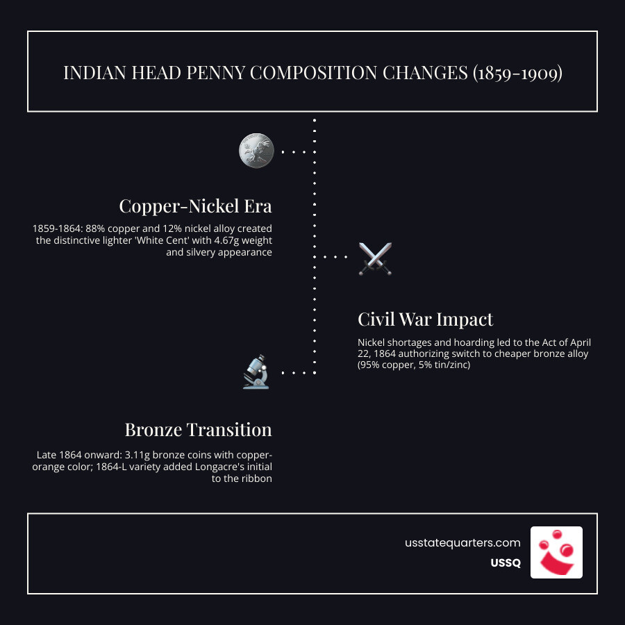 Table comparing physical specifications of Copper-Nickel 1859-1864 and Bronze 1864-1909 cents infographic