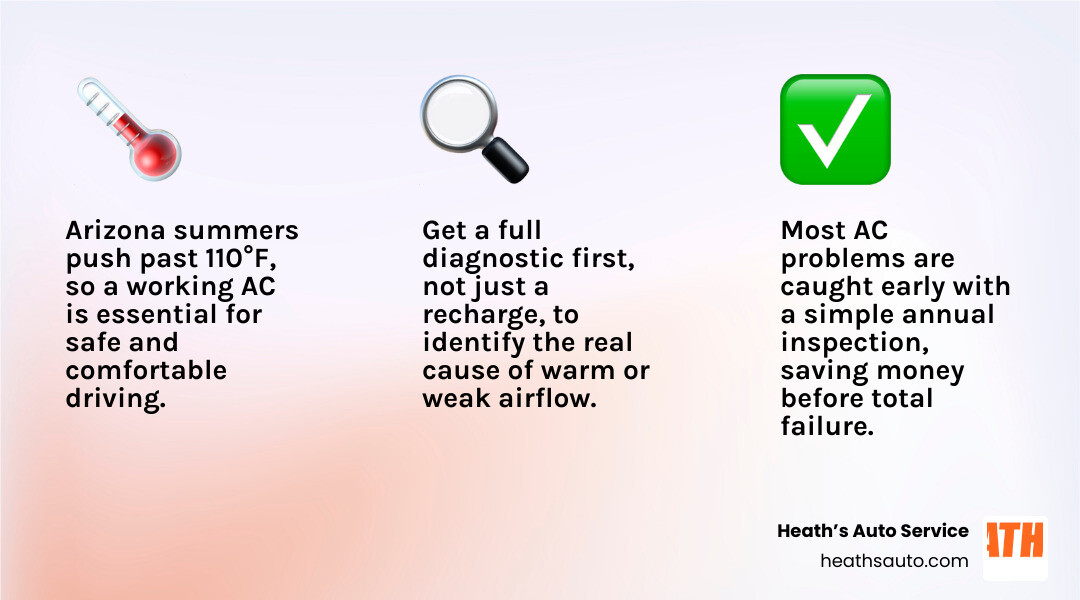 Infographic showing 5 signs your car AC needs service and what to expect at a professional AC inspection infographic