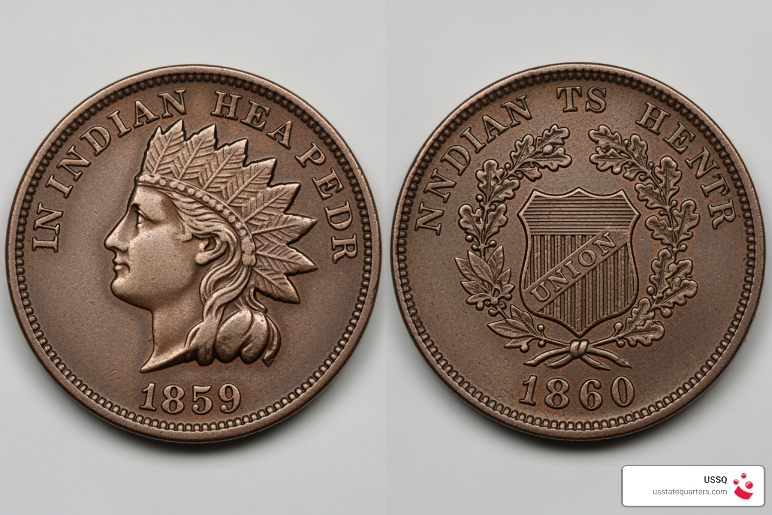 Indian Head Penny 1859 laurel wreath reverse compared to 1860 oak wreath with shield reverse
