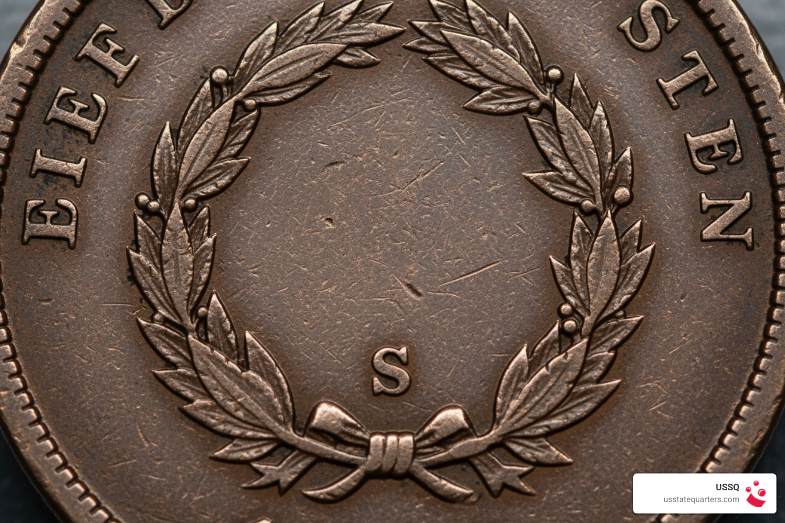 Close-up of the S mint mark on the reverse of a 1909-S Indian Head Penny