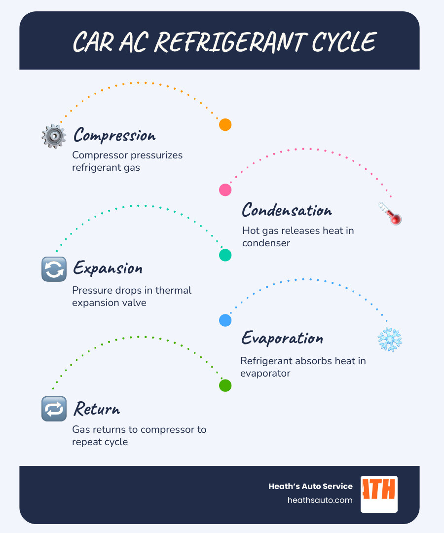 Diagram showing the car AC cycle from compressor through condenser and evaporator back to compressor infographic Diagram showing the car AC cycle from compressor through condenser and evaporator back to compressor infographic
