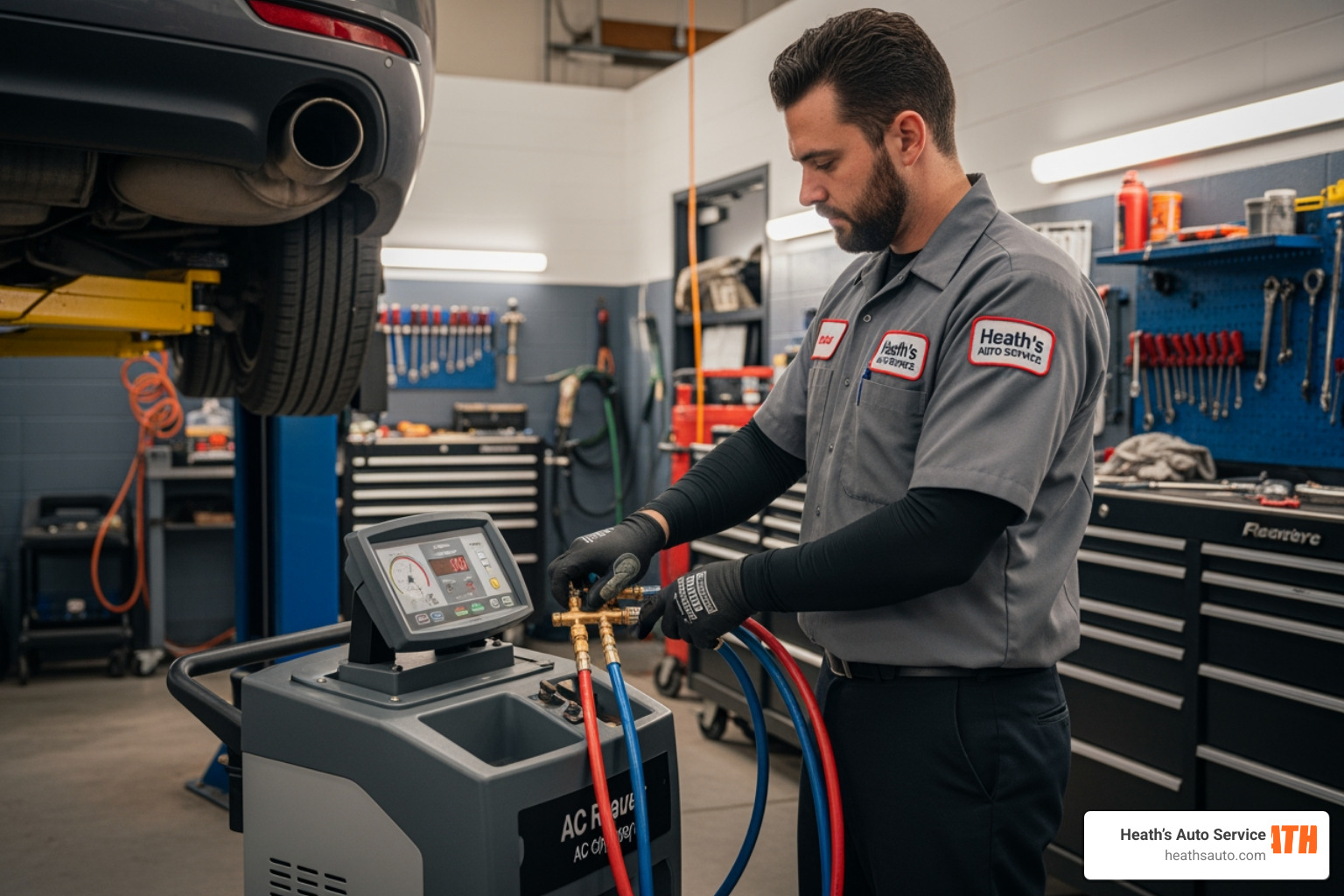 Technician using a professional AC machine to recover and recharge refrigerant Technician using a professional AC machine to recover and recharge refrigerant