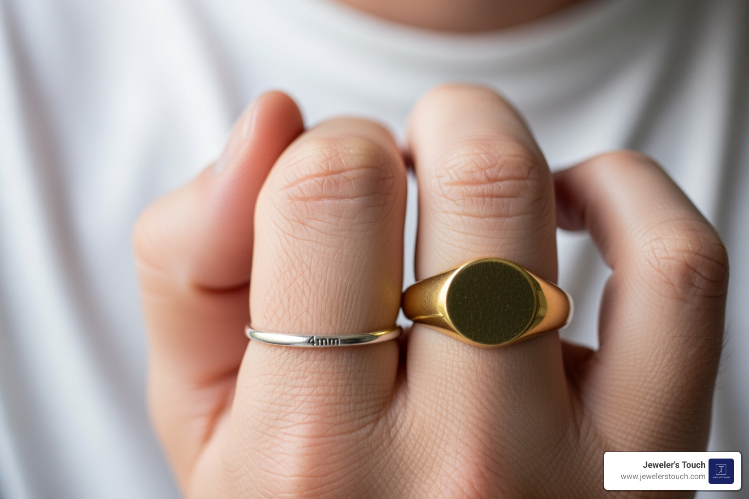 Comparison of a thin 4mm band and a heavy 8mm signet ring on a pinky finger