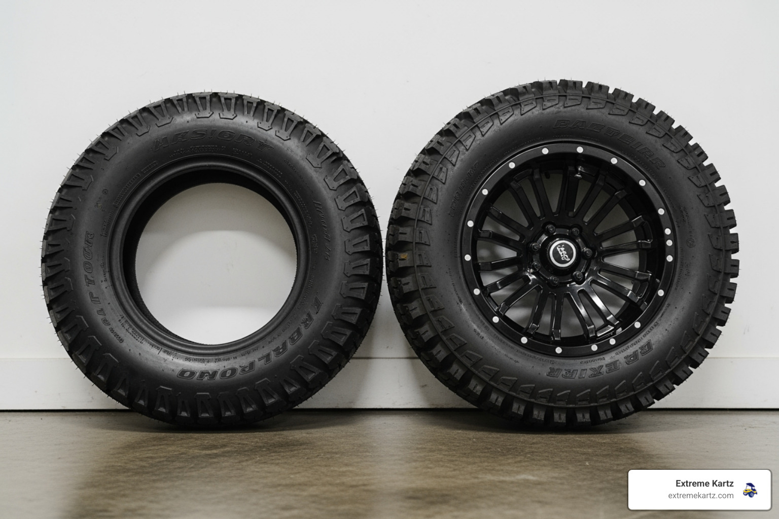 comparison of standard 18 inch golf cart tire next to a 22 inch lifted all-terrain tire in a garage setting