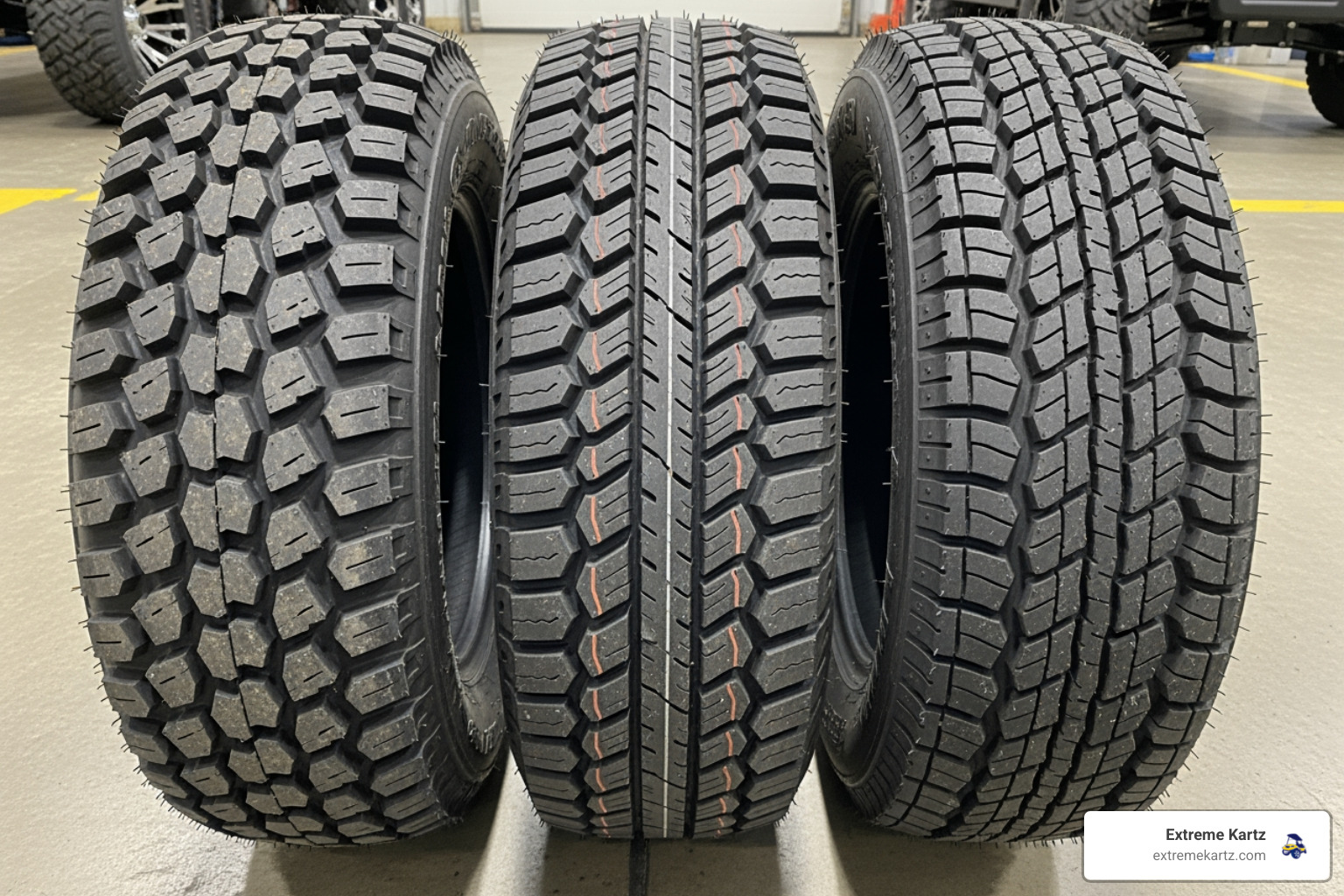 side by side comparison of all-terrain, street, and hybrid golf cart tire tread patterns on a shop floor