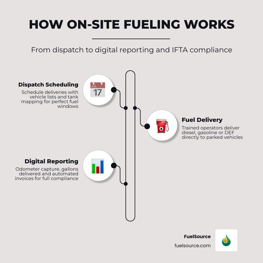 How on-site fueling works: from dispatch scheduling to digital reporting and IFTA compliance infographic
