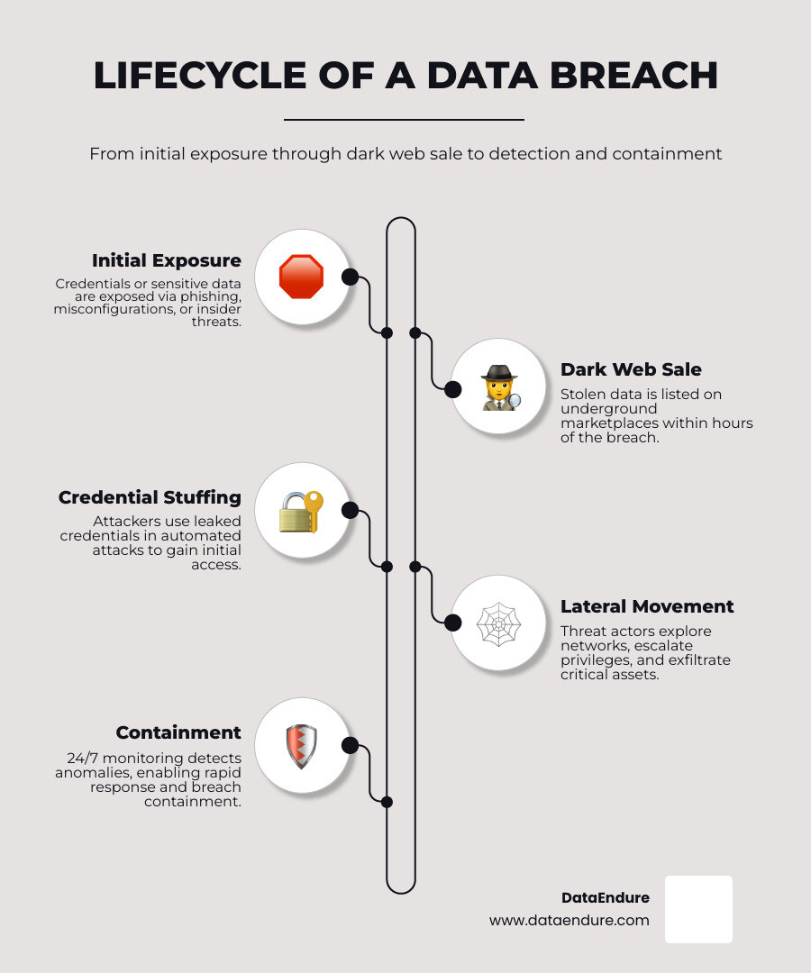 Lifecycle of a data breach from initial exposure through dark web sale to detection and containment infographic Lifecycle of a data breach from initial exposure through dark web sale to detection and containment infographic