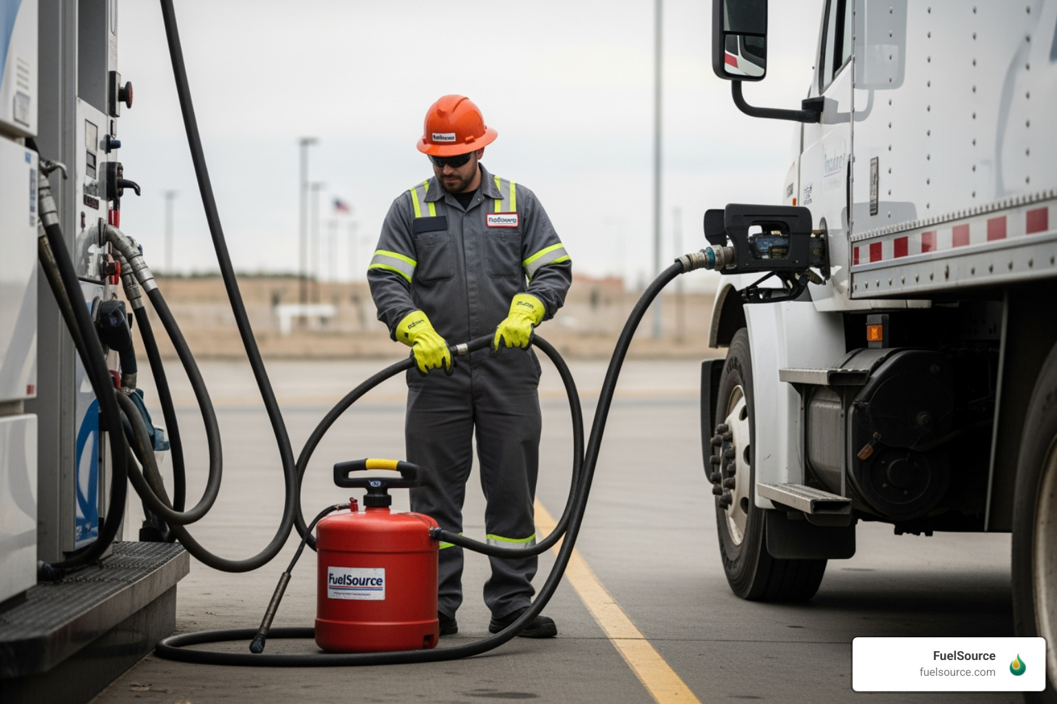 Fueling technician using spill-control equipment at a customer site