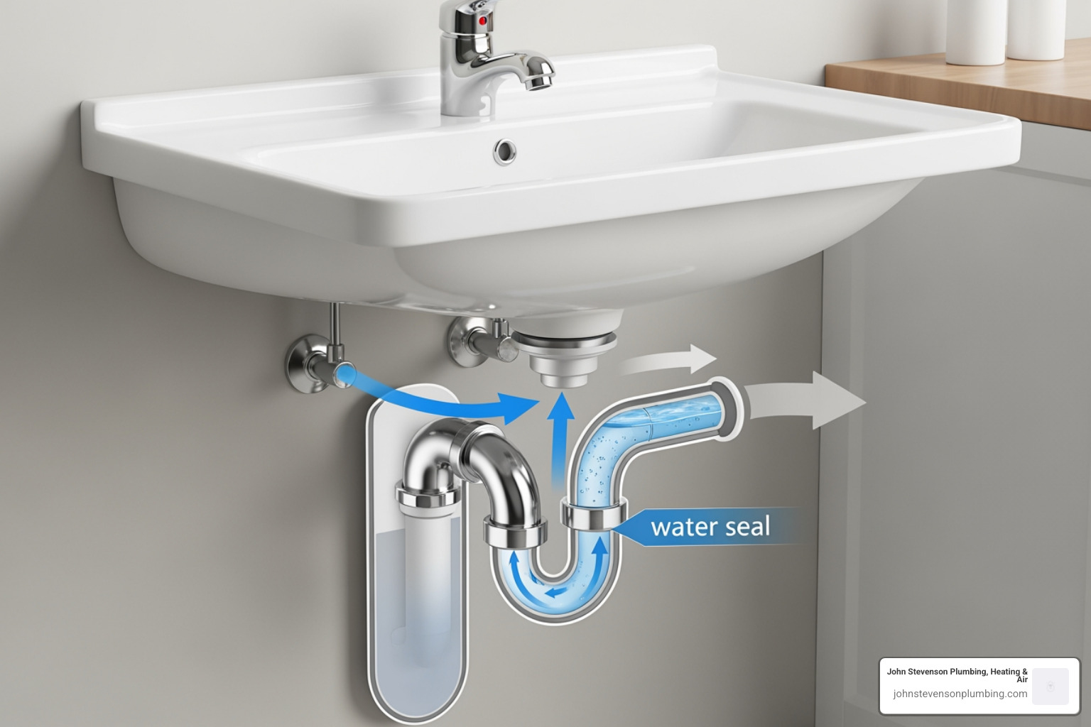 P-trap under sink water seal sewer gas barrier diagram P-trap under sink water seal sewer gas barrier diagram