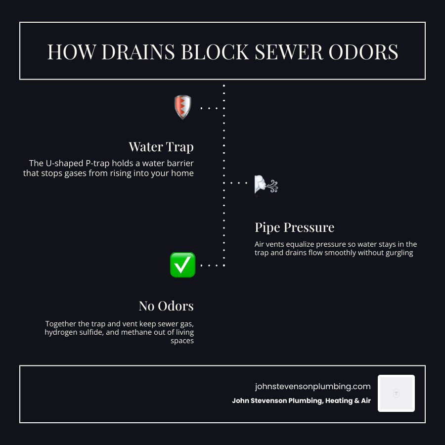 Infographic showing how drains, P-traps, and vent pipes work together to block sewer odors from entering a home infographic Infographic showing how drains, P-traps, and vent pipes work together to block sewer odors from entering a home infographic