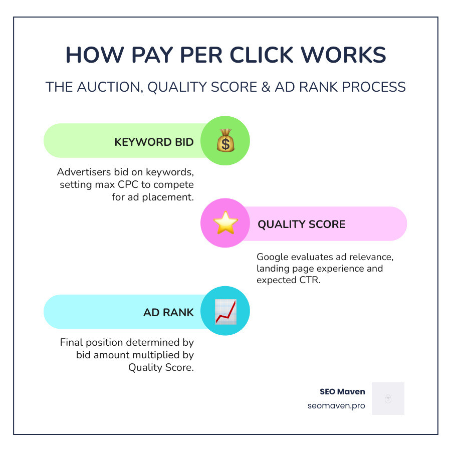 Infographic explaining how PPC works: auction process, Quality Score, ad rank, and key agency selection criteria infographic