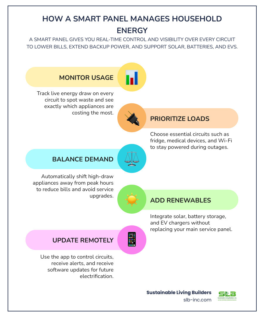 Infographic showing how a SPAN smart panel manages household energy circuits, battery backup, solar, and EV charging