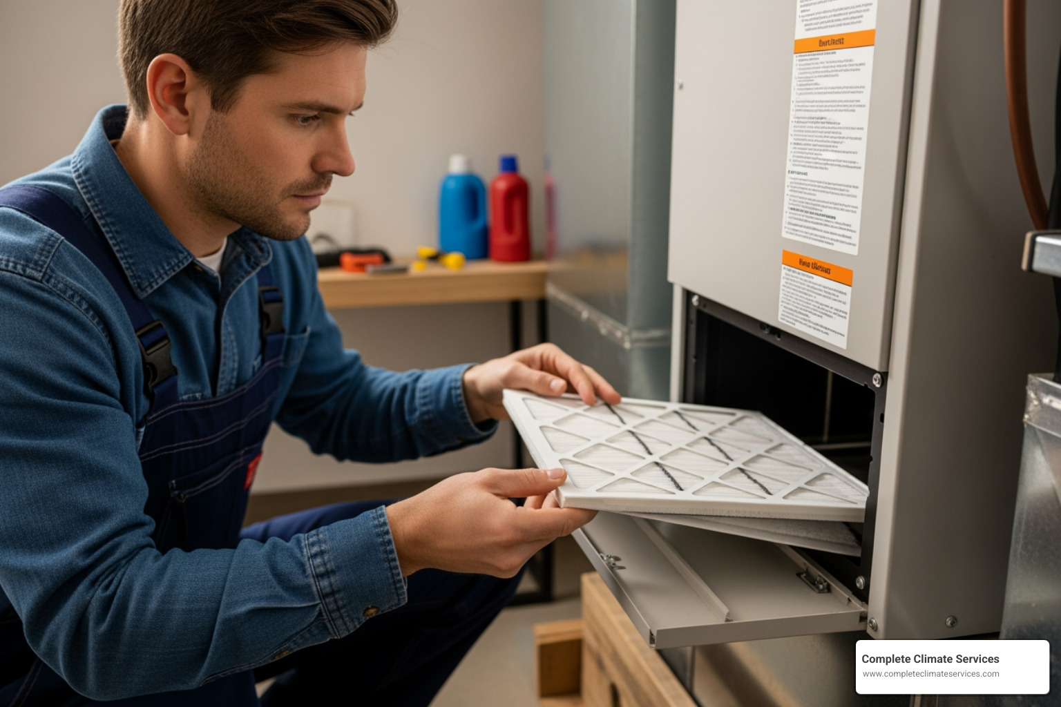 Homeowner changing a high-efficiency air filter to maintain system airflow