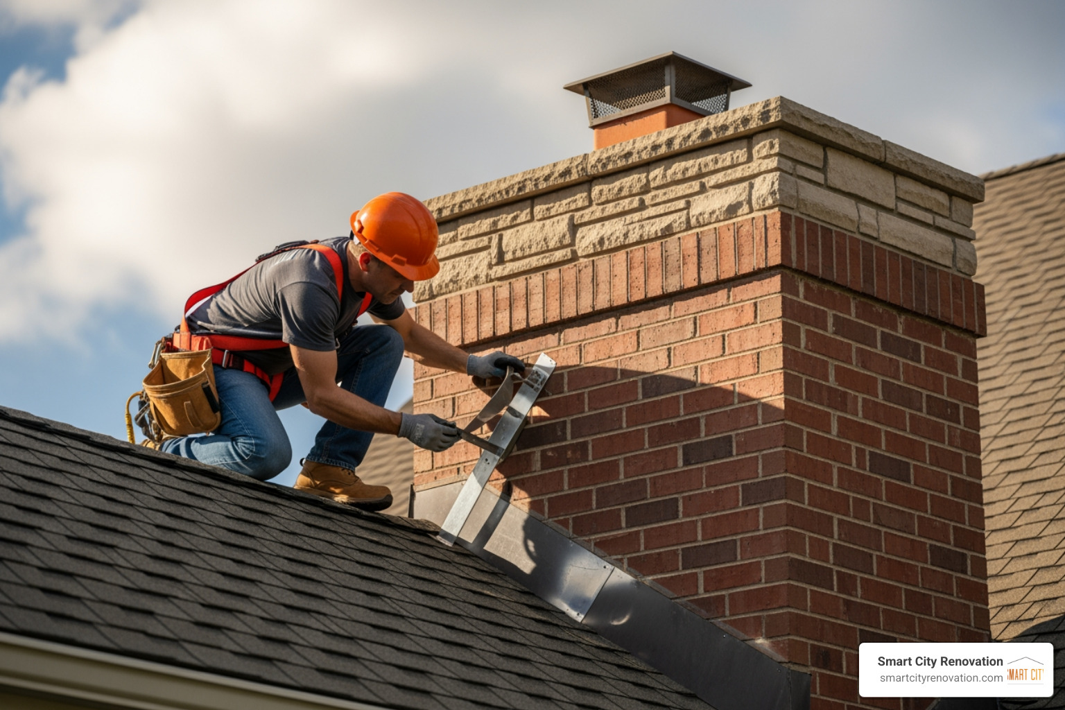 roofing contractor inspecting chimney flashing roofing contractor inspecting chimney flashing