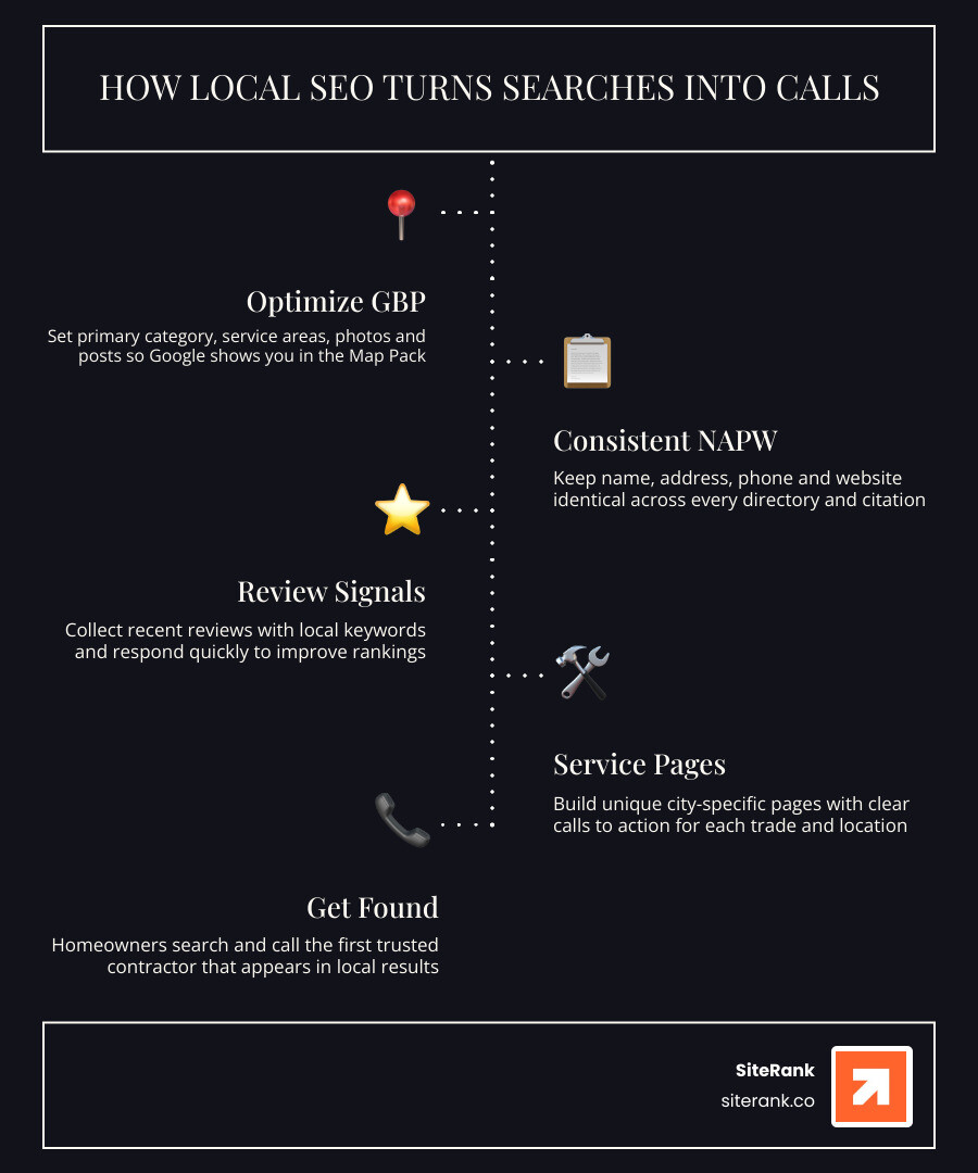 How local SEO turns contractor searches into calls - Map Pack, GBP, citations, reviews, and service pages infographic How local SEO turns contractor searches into calls - Map Pack, GBP, citations, reviews, and service pages infographic