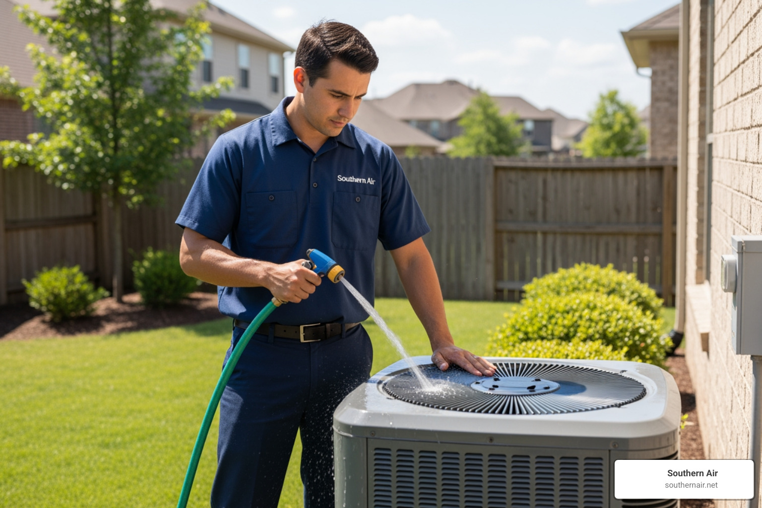 technician rinsing condenser fins technician rinsing condenser fins