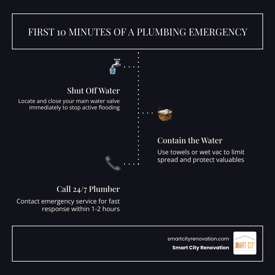 Infographic: First 10 minutes of a plumbing emergency - shut off water, contain flood, call plumber, document damage Infographic: First 10 minutes of a plumbing emergency - shut off water, contain flood, call plumber, document damage