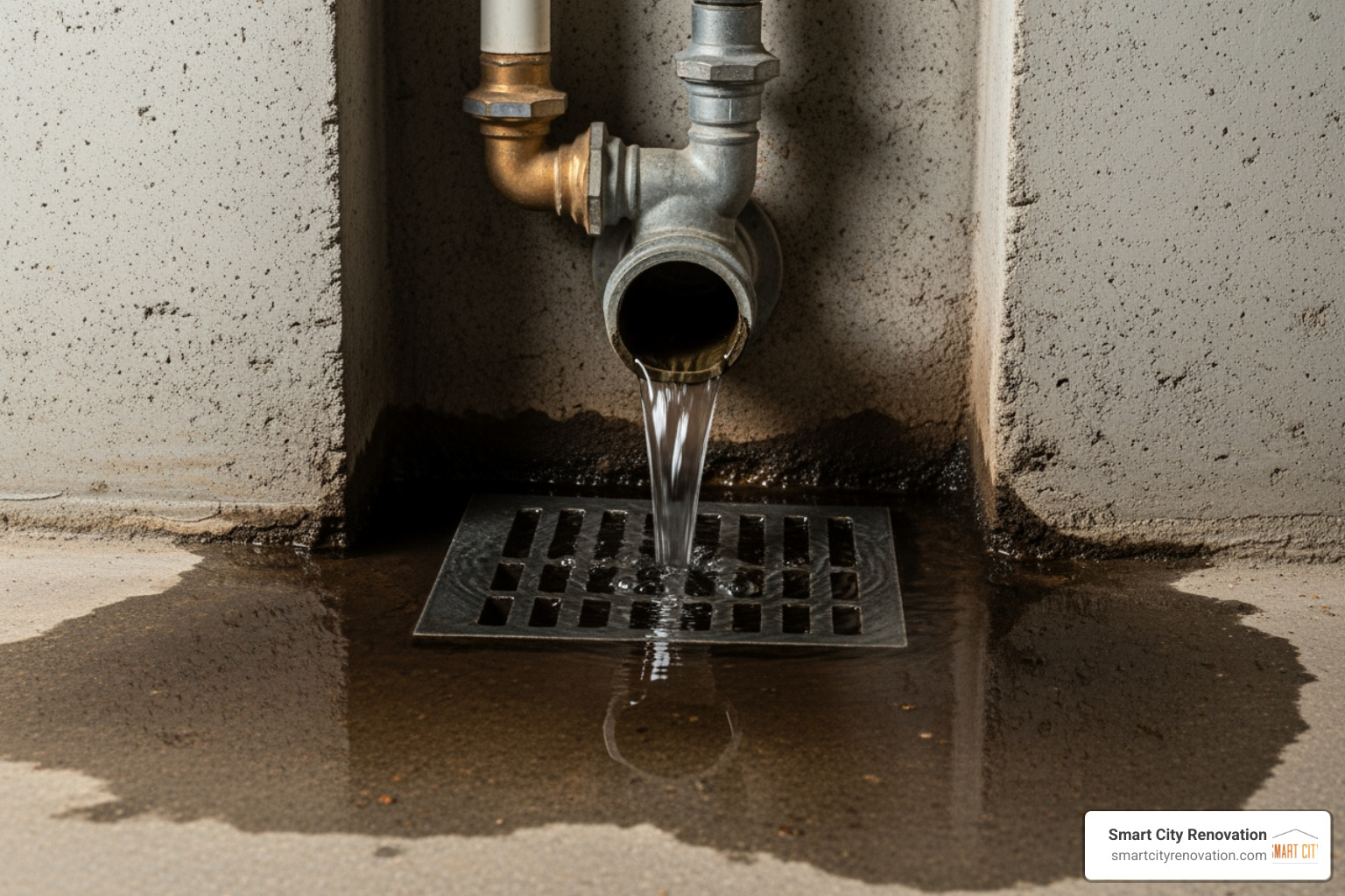 Image of basement floor drain overflow with dark water puddling Image of basement floor drain overflow with dark water puddling