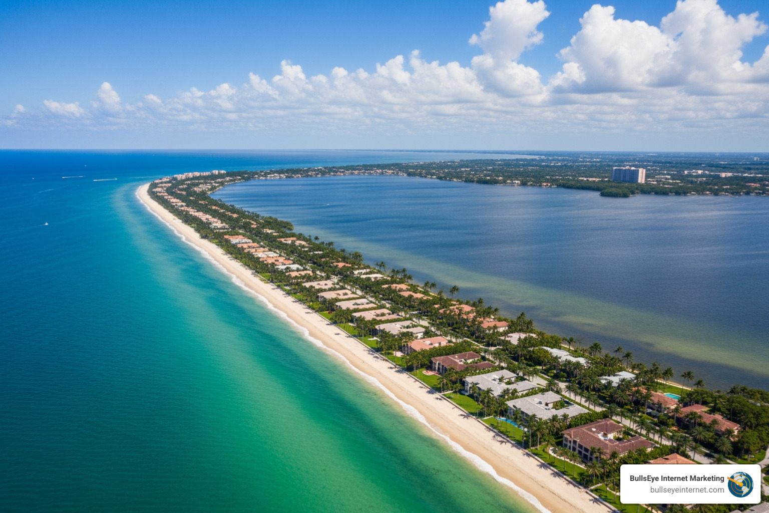 Aerial view of Palm Beach island showing the narrow land strip between the ocean and lagoon Aerial view of Palm Beach island showing the narrow land strip between the ocean and lagoon