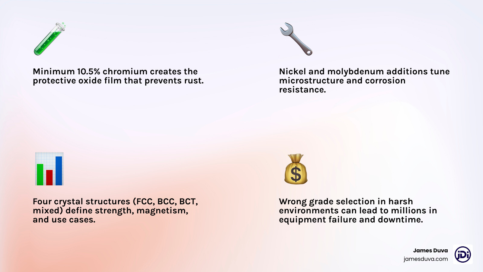 Infographic showing the four types of stainless steel: austenitic, ferritic, martensitic, and duplex with key properties Infographic showing the four types of stainless steel: austenitic, ferritic, martensitic, and duplex with key properties
