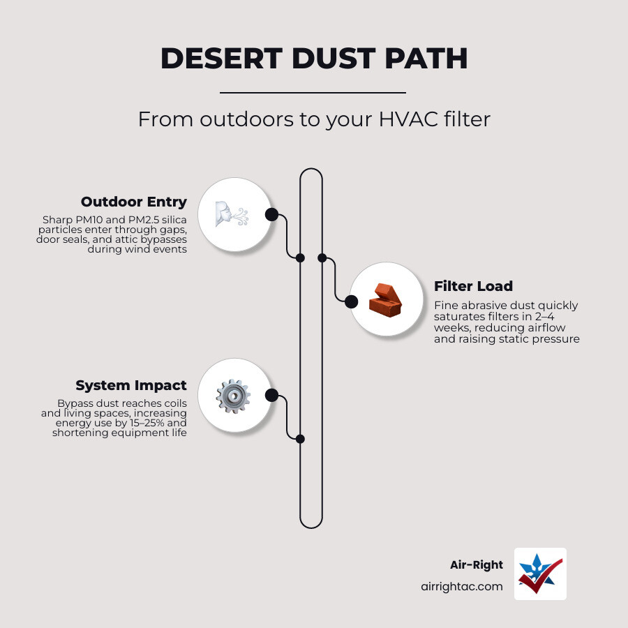 Infographic showing desert dust traveling from outdoors through gaps into HVAC filters, coils, and living spaces with filter Infographic showing desert dust traveling from outdoors through gaps into HVAC filters, coils, and living spaces with filter