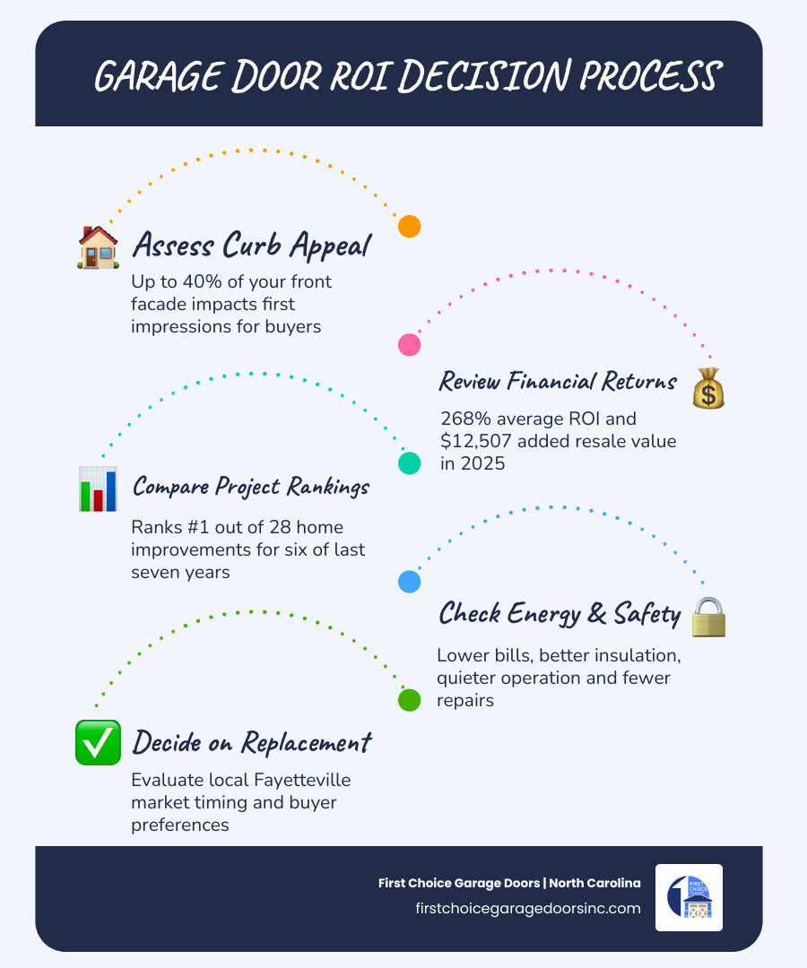 Infographic showing garage door ROI at 268%, resale value added, ranking vs other remodels, and key replacement decision