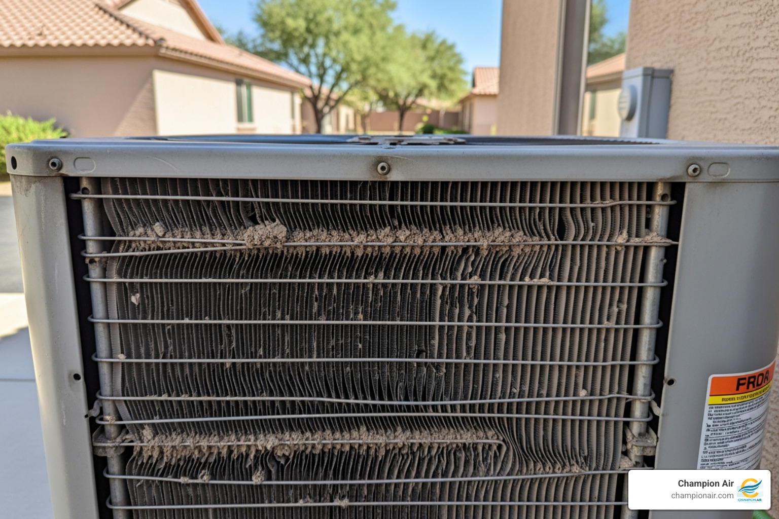 damaged outdoor unit with bent fins and dirty coil showing signs of poor airflow