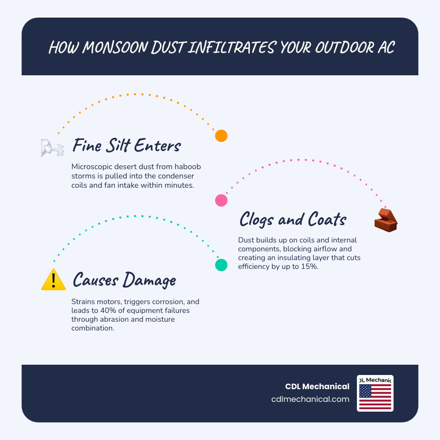 Infographic showing how monsoon dust infiltrates outdoor AC units: coils, filters, ductwork, and internal components