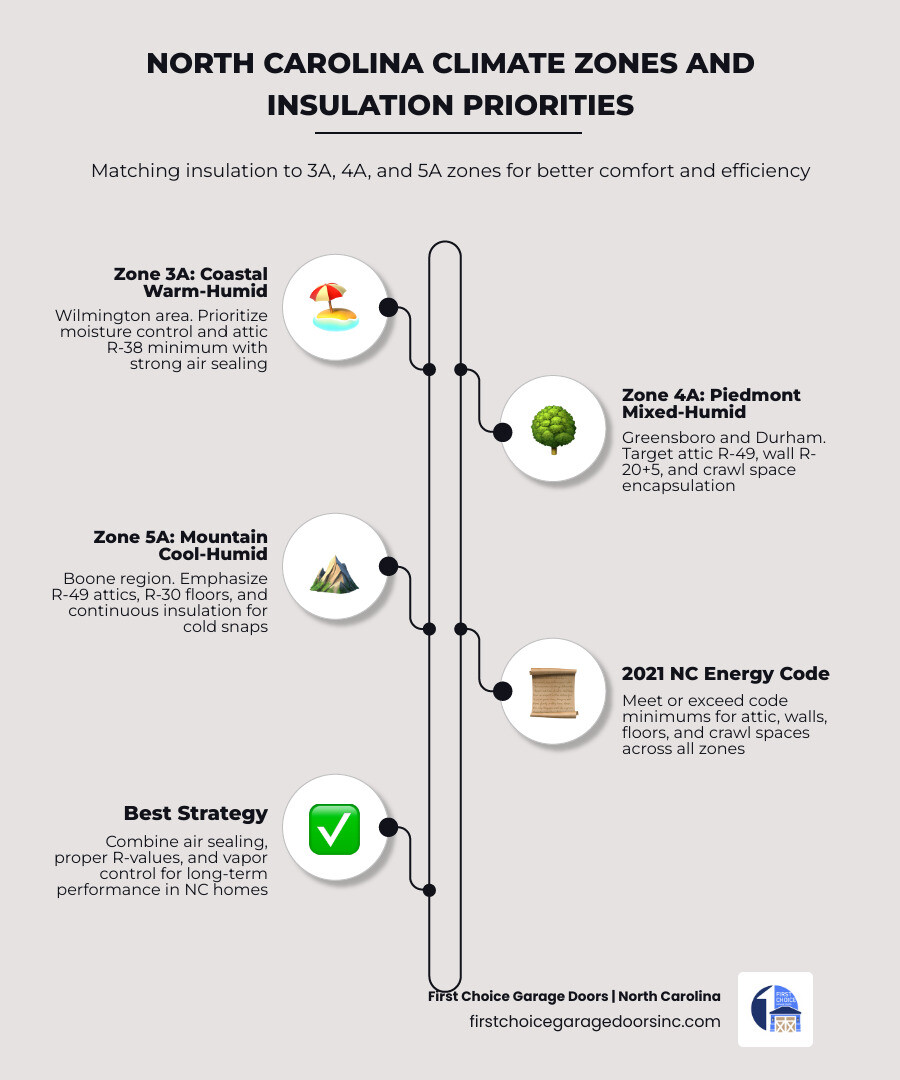 North Carolina climate zones map with insulation R-value priorities by zone 3A 4A 5A infographic
