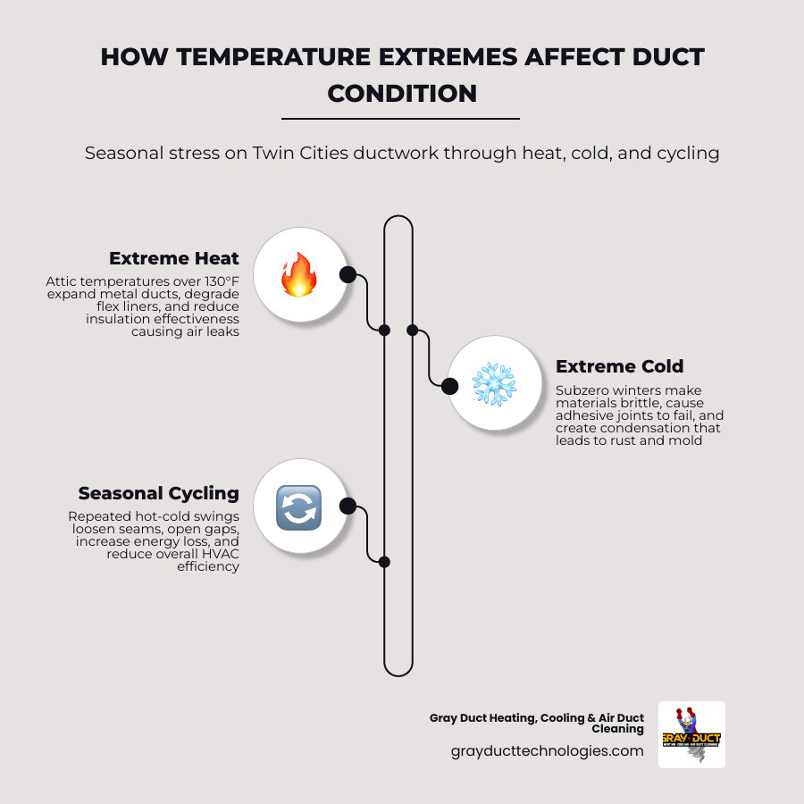 Infographic showing how seasonal temperature extremes stress ductwork through heat expansion, cold brittleness, moisture