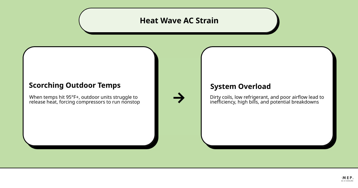 Infographic showing how heat enters a home through windows, attic, and walls and how it strains HVAC systems during a heat