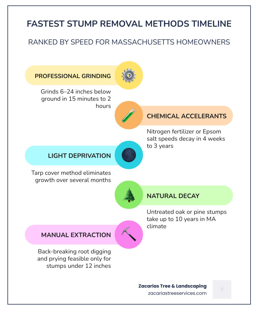 Stump removal timeline: natural decay years, chemical months, grinding hours infographic infographic Stump removal timeline: natural decay years, chemical months, grinding hours infographic infographic