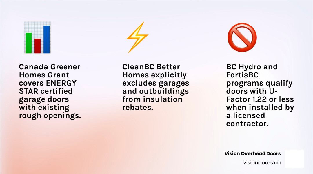 Infographic showing which BC rebate programs cover insulated garage doors and key eligibility criteria infographic Infographic showing which BC rebate programs cover insulated garage doors and key eligibility criteria infographic