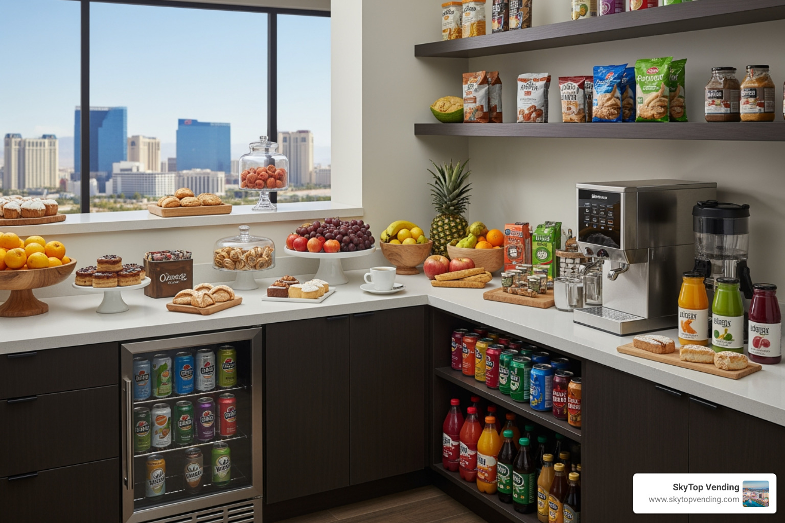 stocked office pantry shelves with snacks and drinks stocked office pantry shelves with snacks and drinks
