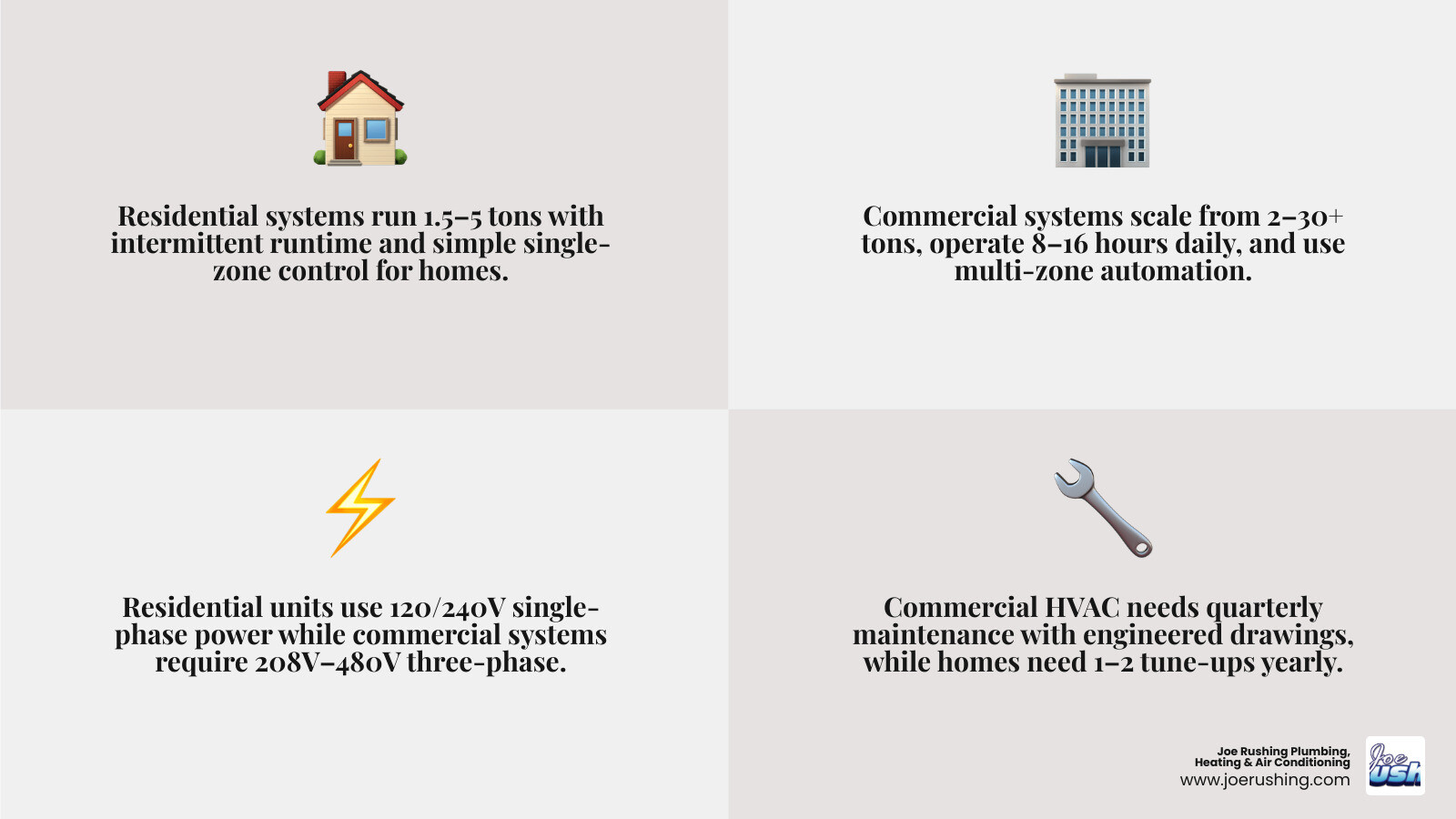 Infographic comparing residential vs commercial HVAC systems across size, placement, power, maintenance, and complexity Infographic comparing residential vs commercial HVAC systems across size, placement, power, maintenance, and complexity