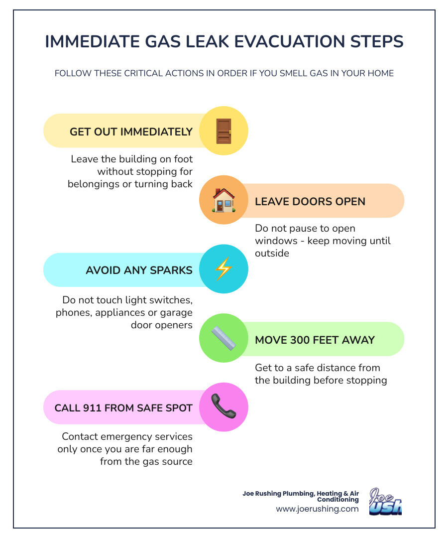 5 immediate steps for gas leak evacuation infographic showing evacuation distance no sparks call 911 infographic