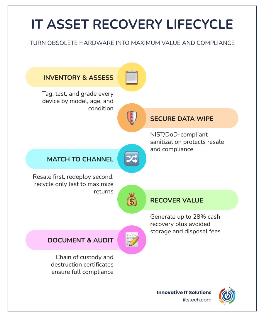 IT asset recovery lifecycle from decommission to resale recycling and redeployment infographic