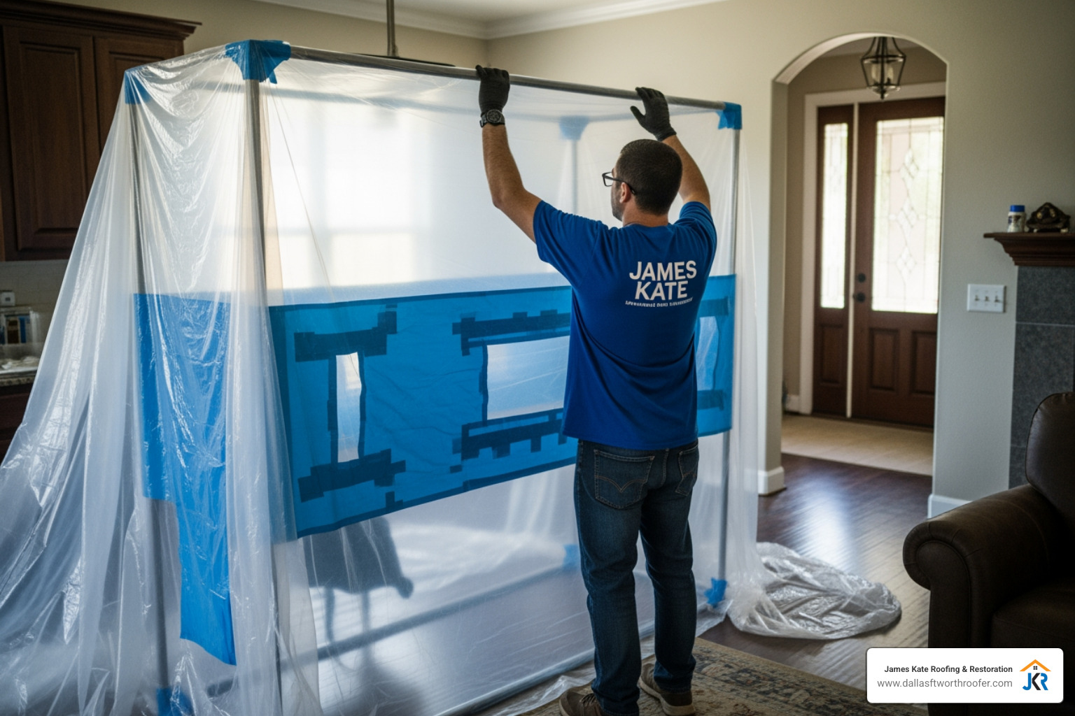 Technician in a royal blue James Kate shirt setting up polyethylene containment barriers Technician in a royal blue James Kate shirt setting up polyethylene containment barriers