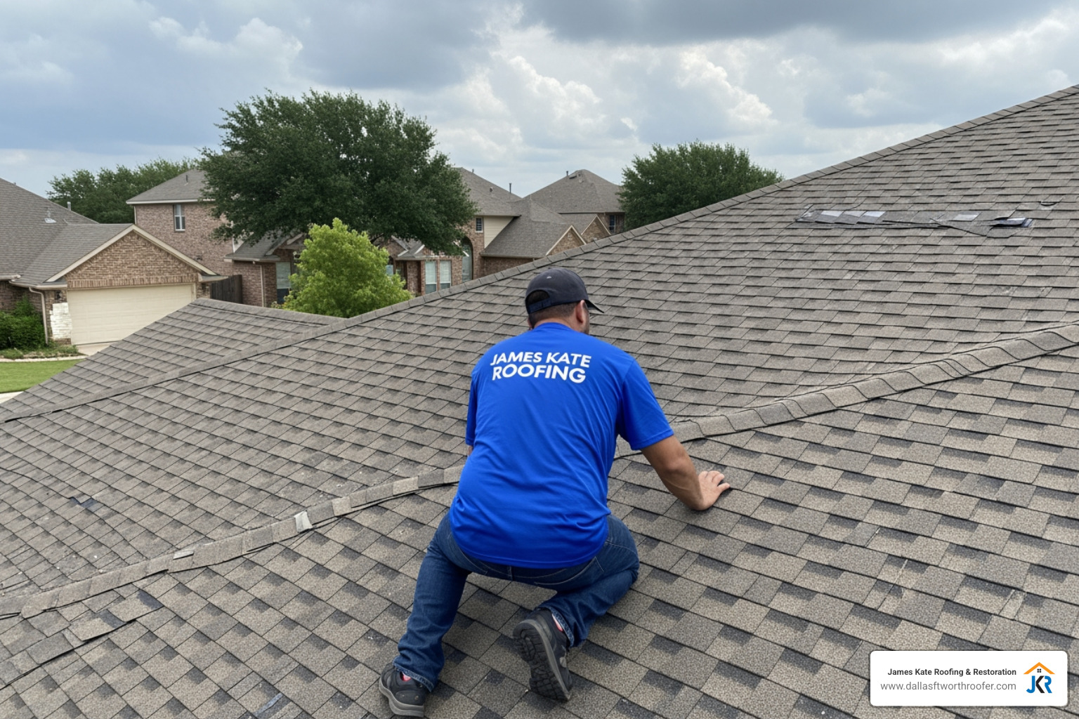James Kate Roofing team member in a royal blue shirt inspecting a roof for hail damage after a storm James Kate Roofing team member in a royal blue shirt inspecting a roof for hail damage after a storm