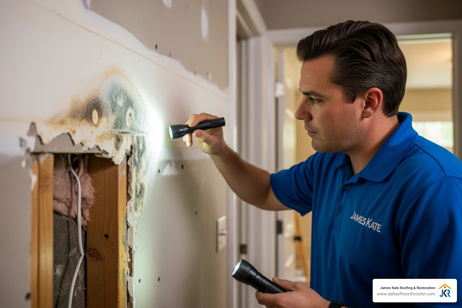 A James Kate technician in a royal blue shirt inspecting mold on drywall A James Kate technician in a royal blue shirt inspecting mold on drywall
