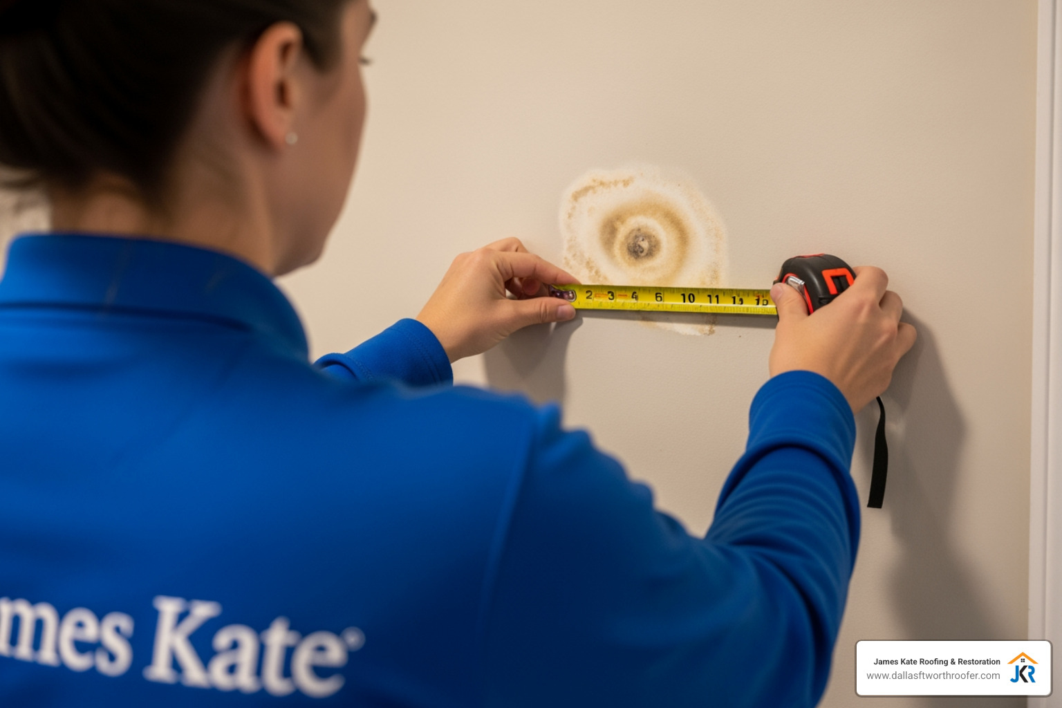 A person in a royal blue James Kate shirt measuring a 10-square-foot mold patch on a wall A person in a royal blue James Kate shirt measuring a 10-square-foot mold patch on a wall
