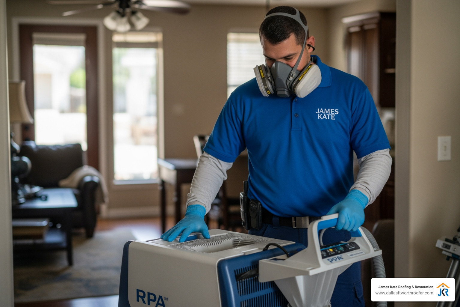 Technician in royal blue James Kate shirt wearing full PPE and operating a HEPA air scrubber Technician in royal blue James Kate shirt wearing full PPE and operating a HEPA air scrubber