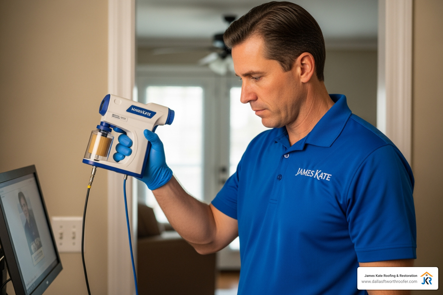 A professional mold inspector in a royal blue James Kate shirt using air sampling equipment in a home A professional mold inspector in a royal blue James Kate shirt using air sampling equipment in a home
