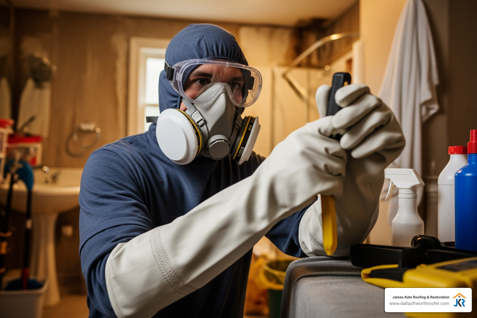 person in PPE with N95 gloves and sealed goggles preparing for mold cleanup person in PPE with N95 gloves and sealed goggles preparing for mold cleanup