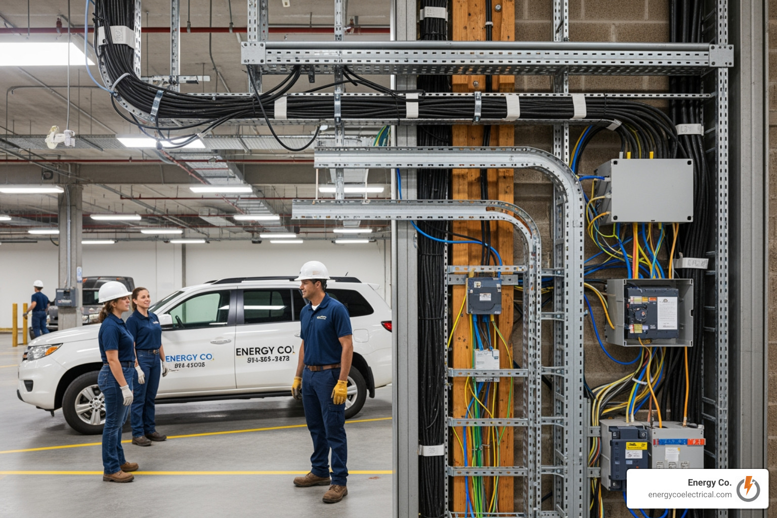 EMT conduit, MC cable, and busway in a commercial ceiling