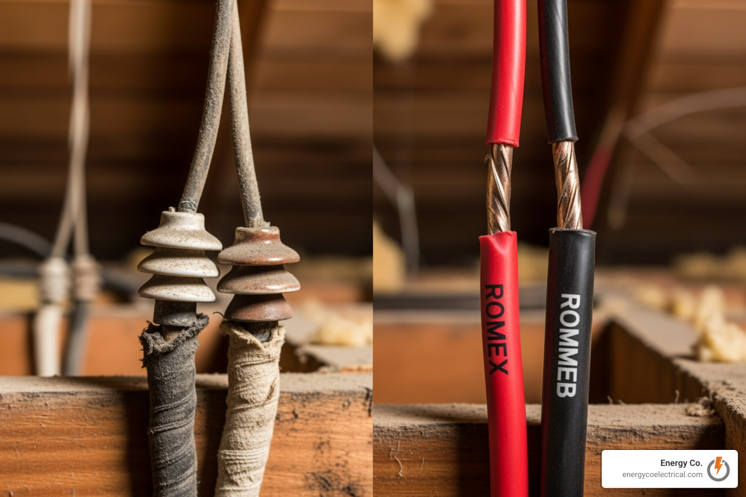Old knob-and-tube wiring vs modern Romex wiring comparison Old knob-and-tube wiring vs modern Romex wiring comparison