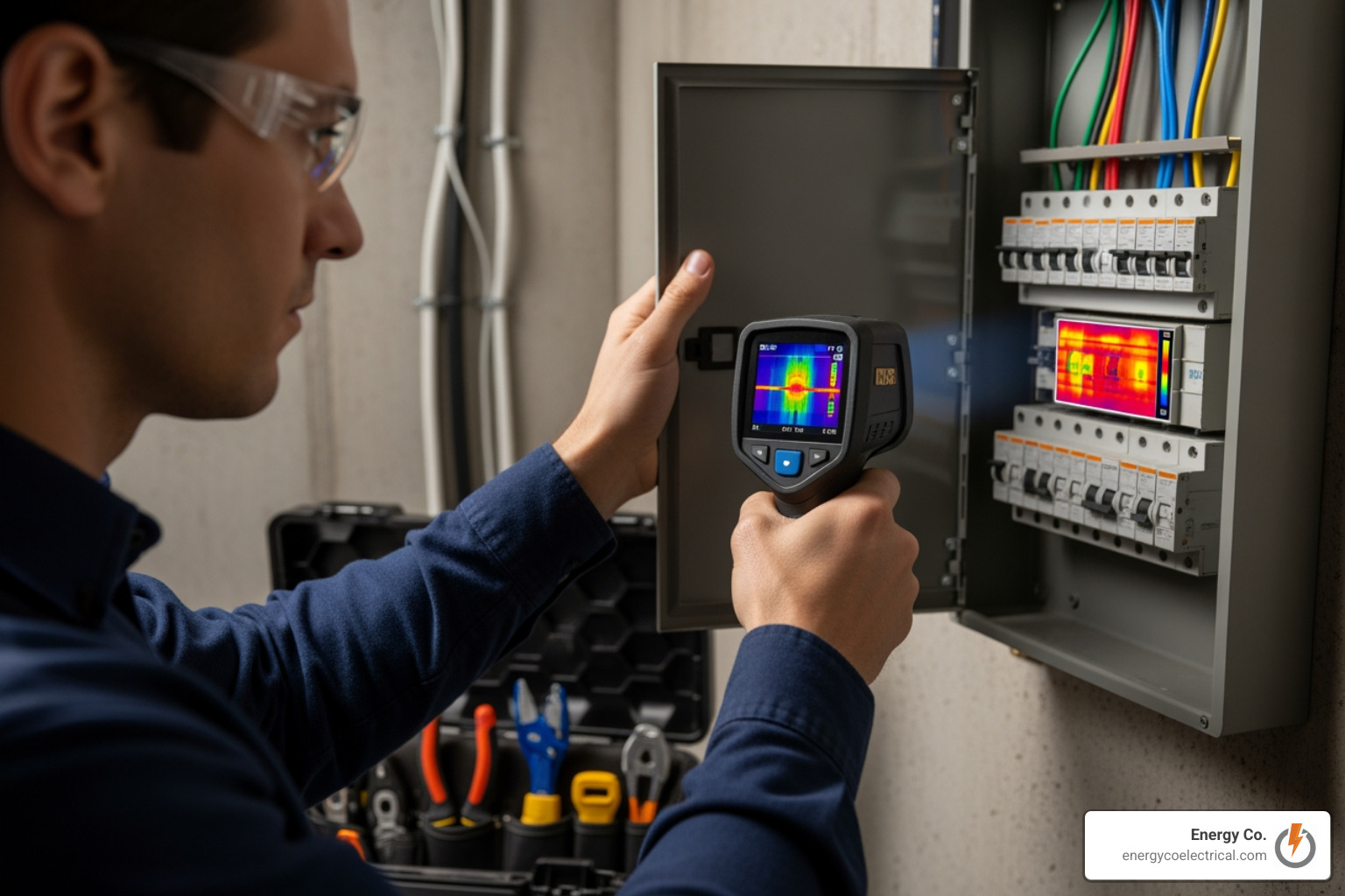 Electrician using thermal camera to inspect a residential breaker panel for hot spots Electrician using thermal camera to inspect a residential breaker panel for hot spots