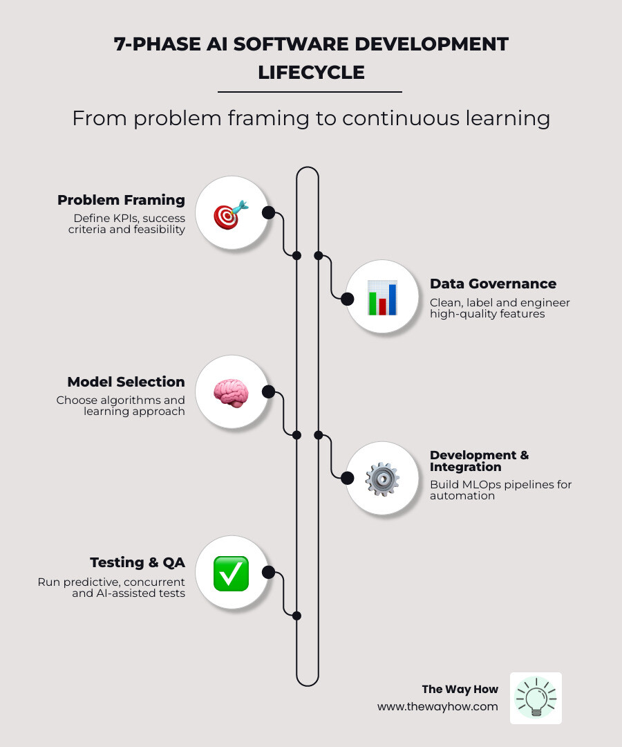 7-phase AI software development lifecycle infographic showing phases from problem framing to continuous learning with 7-phase AI software development lifecycle infographic showing phases from problem framing to continuous learning with