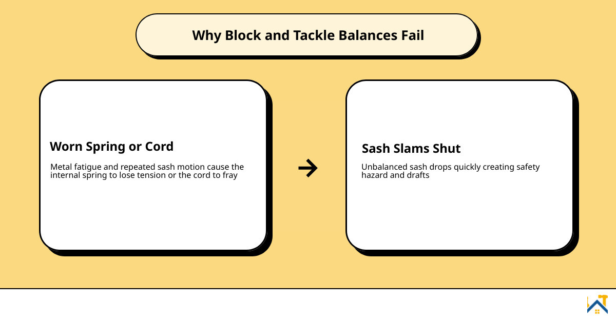 Infographic showing block and tackle window balance mechanism, symptoms, and replacement steps infographic
