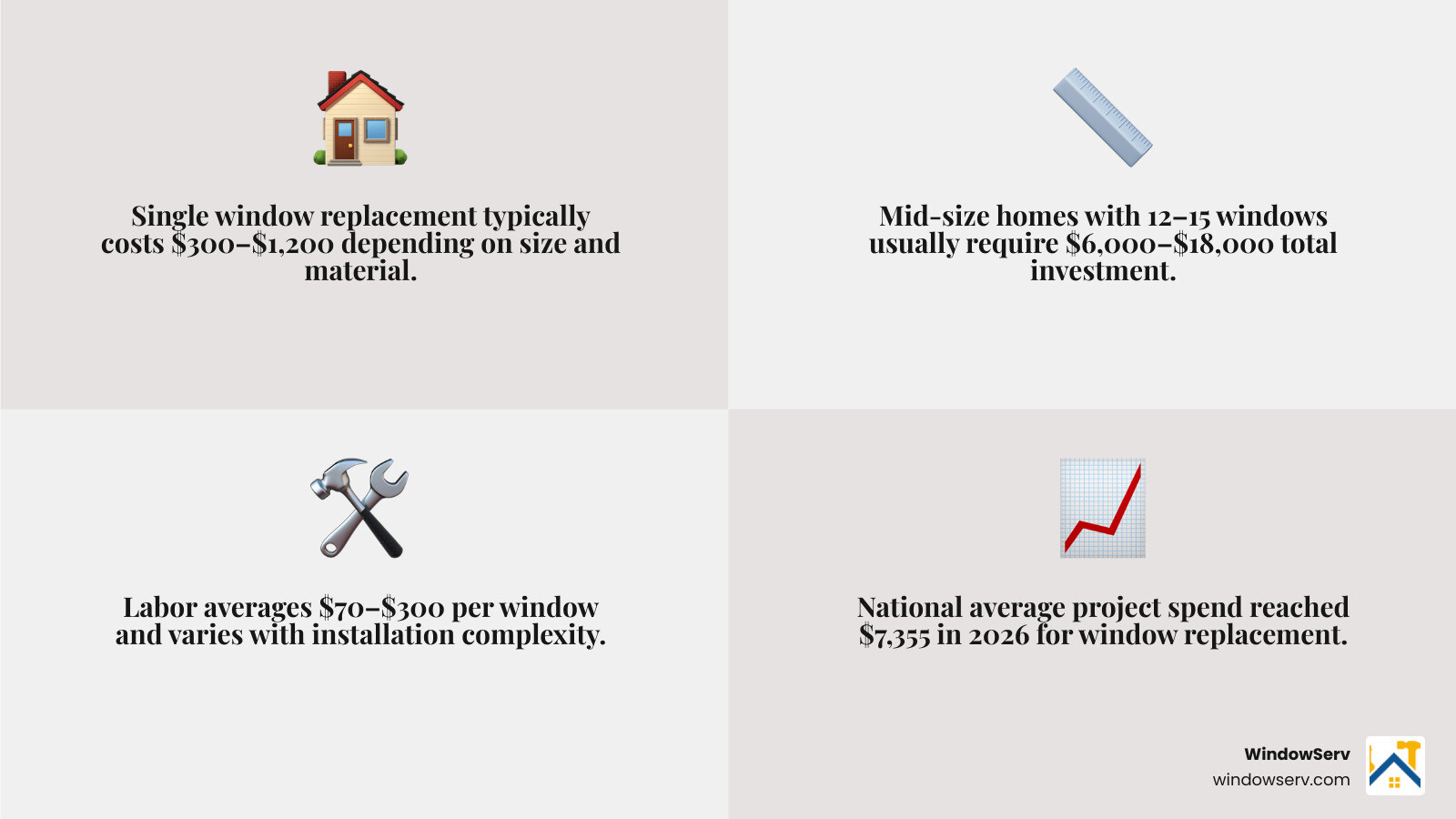 Infographic showing window replacement cost breakdown by scope, material, and glass type infographic